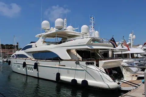 Azimut flybridge motor yacht moored in Cannes, shown for reference