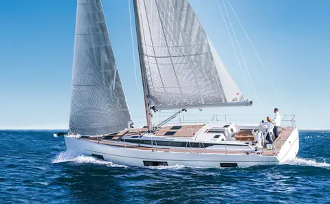 Bavaria C45 sailing in open water, shown for reference