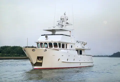 Bering 65 steel expedition yacht at rest on calm water, shown for reference