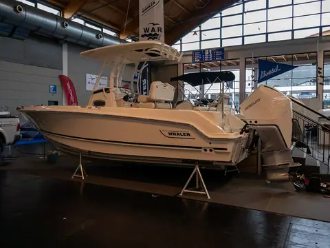 Boston Whaler center console with twin outboards at Interboot