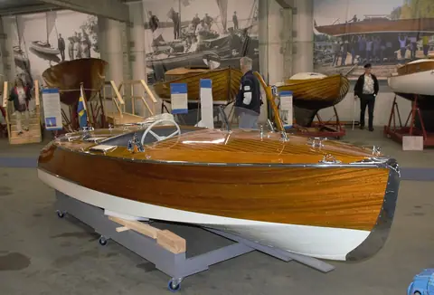 1938 Chris-Craft runabout on display in a maritime museum