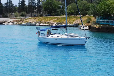 Dufour sailing yacht passing through the Corinth Canal, shown for reference