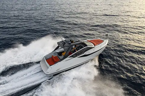 Fairline F//Line 33 hard top running at speed, shown for reference