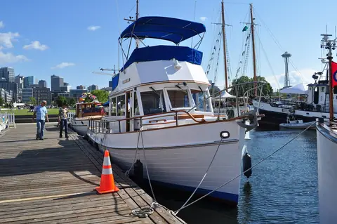 Wooden 1973 Grand Banks 36 Virginia Cary at a Seattle dock