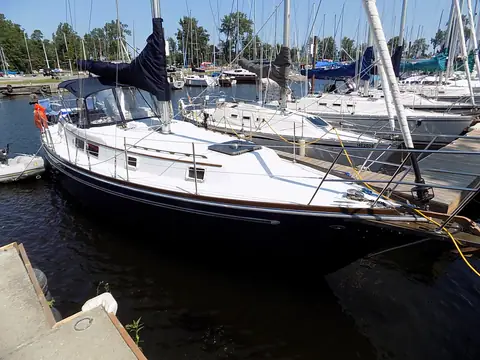 Gulfstar 43 Mark II at a marina dock
