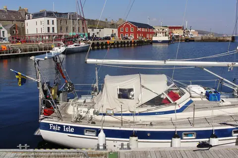 Hallberg-Rassy 382 berthed in Lerwick, Shetland, shown for reference