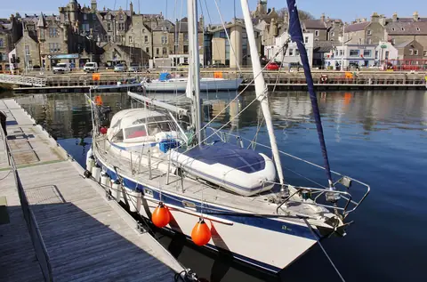 Hallberg-Rassy 382 moored on the Lerwick waterfront