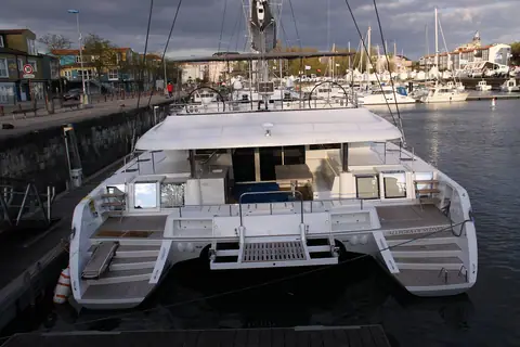 Stern of a Lagoon 620 catamaran in La Rochelle, France