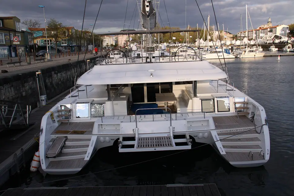 Stern of a Lagoon 620 catamaran in La Rochelle, France