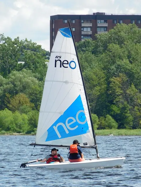 RS Neo dinghy sailing with two aboard