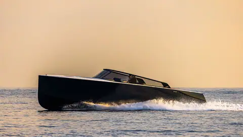 VanDutch 48 running at speed in golden light