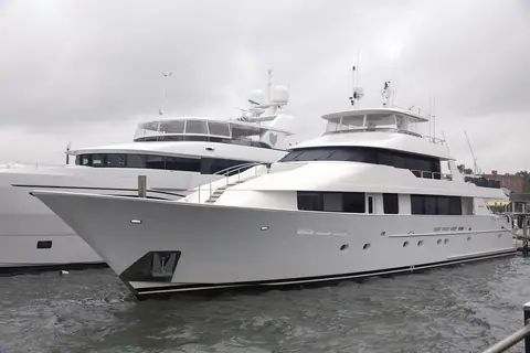 Westport tri-deck motor yacht at the Sag Harbor marina, New York