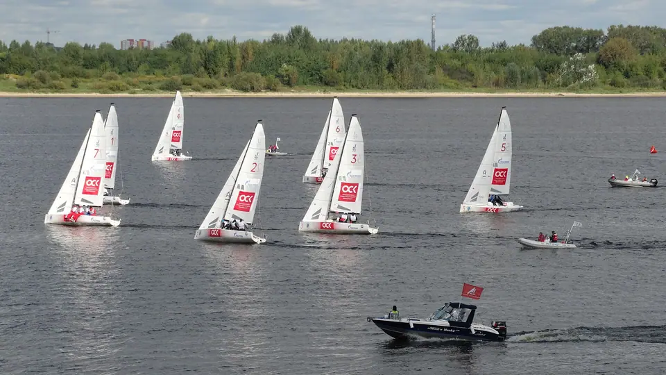 One-design keelboats racing in a sailing regatta