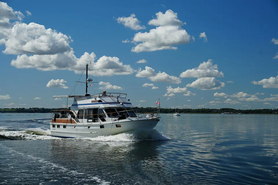 Trawler yacht Lady Rose cruising on the Strelasund in Germany