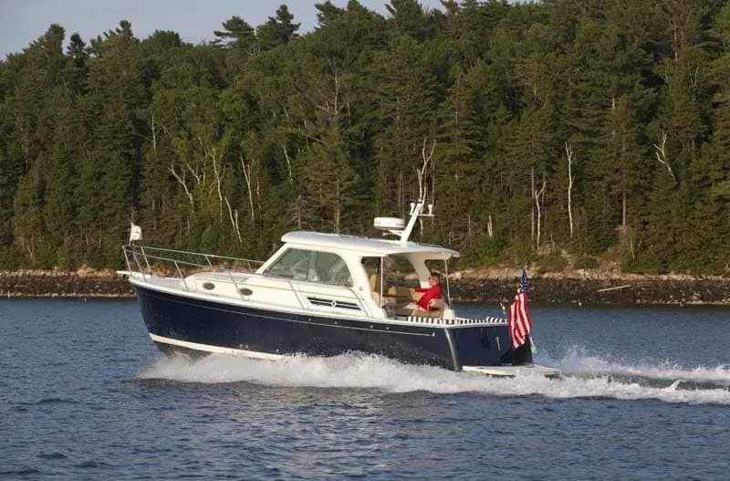 Back Cove 30 cruising in profile along a spruce lined shore