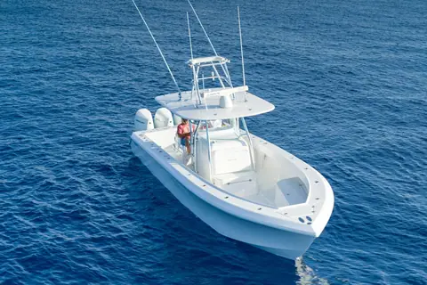 Bahama 37 seen from above showing the bow seating, console and T top