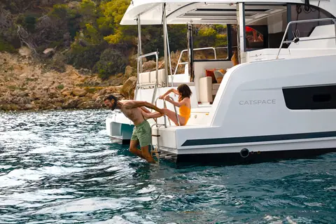 Bali Catspace stern with swim ladder and the Catspace name on the hull side