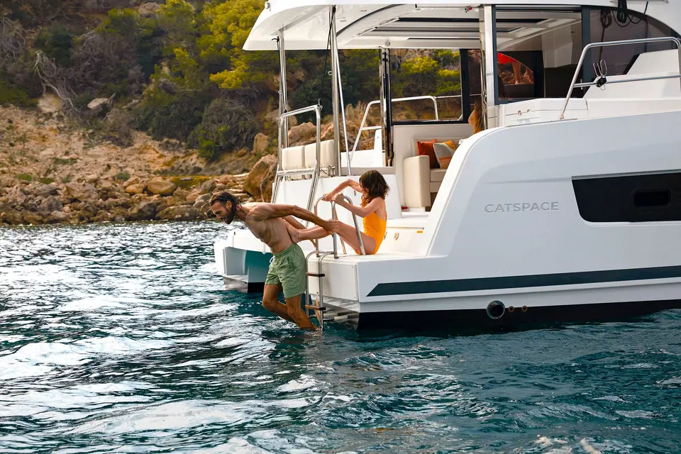 Bali Catspace stern with swim ladder and the Catspace name on the hull side