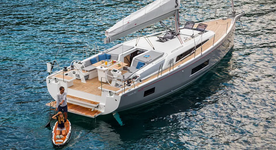 Beneteau Oceanis 46.1 seen from above the stern quarter with the drop down transom open
