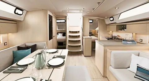Beneteau Oceanis 46.1 saloon with dining table, galley and companionway