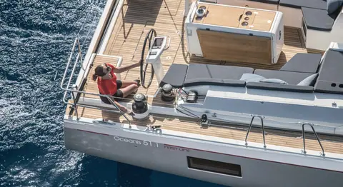 Beneteau Oceanis 51.1 cockpit with twin helms and winches under sail
