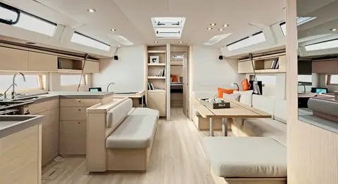 Beneteau Oceanis 51.1 saloon with light oak joinery, settees and galley