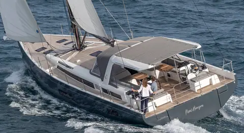 Beneteau Oceanis Yacht 60 seen from above the stern quarter showing the cockpit and bimini