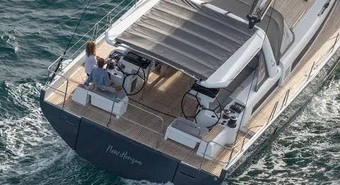 Beneteau Oceanis Yacht 60 aft cockpit with twin helm stations and the transom garage
