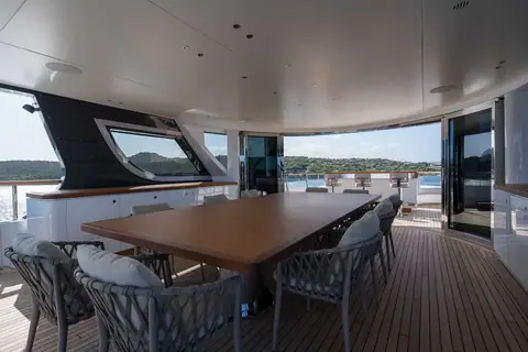 Benetti Oasis 40M Oreos covered sun deck dining area with sea views
