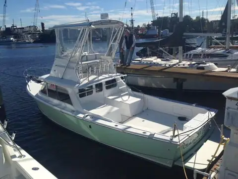 1981 Bertram 31 flybridge model with a light green hull tied up at a dock