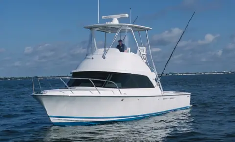 Bertram 35 at rest showing the bow, flybridge and hardtop