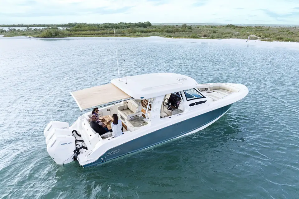 Boston Whaler 350 Realm from above showing the open bow and cockpit