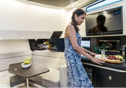Cabin galley and dinette of the Boston Whaler 420 Outrage