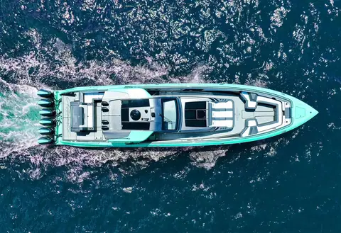 Overhead view of a Cigarette 59 Tirranna showing its long foredeck, cockpit and outboards
