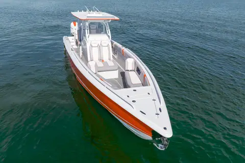 Aerial view of a Concept 36 Open showing the bow seating, console and T top