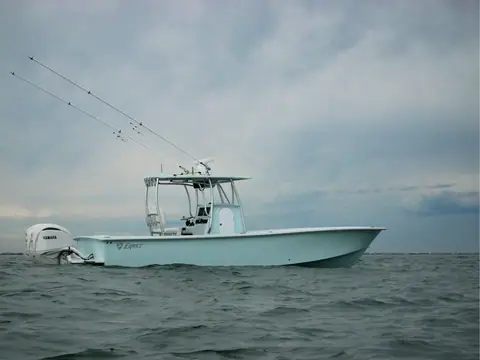 Egret 29 Offshore in profile with its T top and twin Yamaha outboards on a bracket