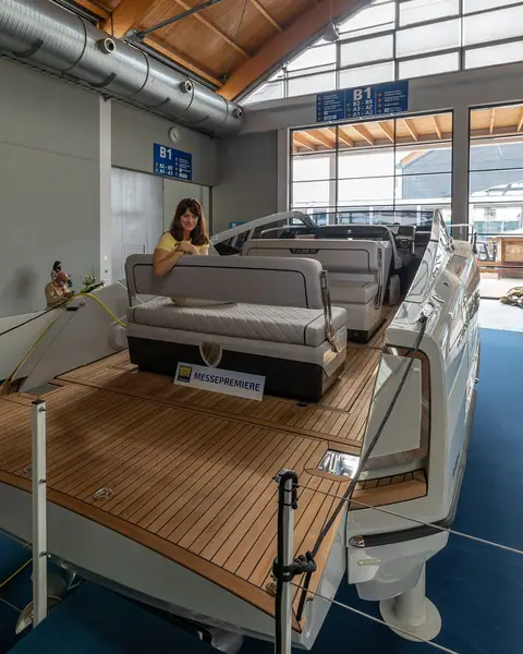 Teak cockpit and lounge of a Fairline F//Line 33
