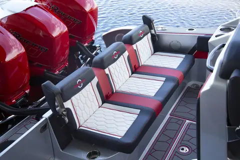 Fountain 38 SC aft bench seating ahead of the outboards