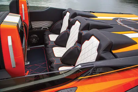 Fountain 47 Lightning cockpit bolsters in black, white and orange upholstery