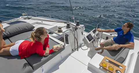 Fountaine Pajot Elba 45 raised helm station and lounge pad under sail