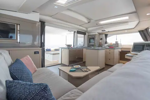 Fountaine Pajot Saona 47 saloon with galley, dinette and cockpit doors