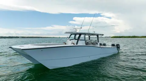 Freeman 43 catamaran center console at rest showing its twin hulls and hardtop