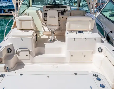 Cockpit and helm deck of the Grady-White Express 370 seen from the transom
