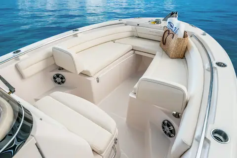 Bow seating area of the Grady-White Fisherman 236 with cushioned lounges