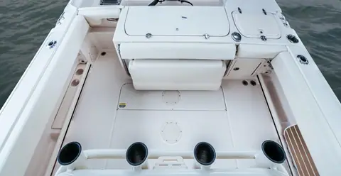 Cockpit of the Grady-White Fisherman 257 with aft bench seat and rod holders
