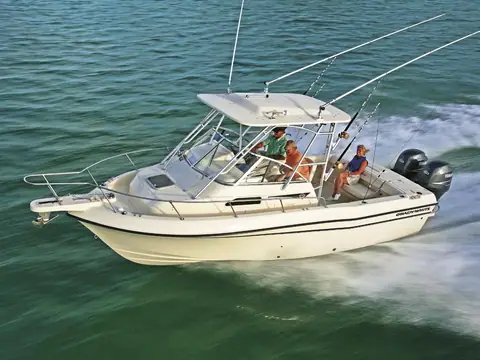 Grady-White Gulfstream 232 walkaround running with a hardtop, outriggers and twin outboards