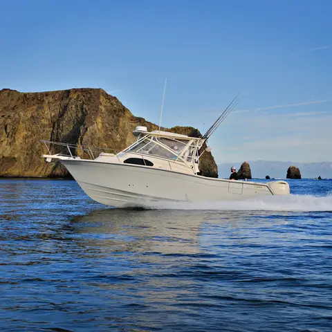 Grady-White Marlin 300 running past rocky cliffs with outriggers raised