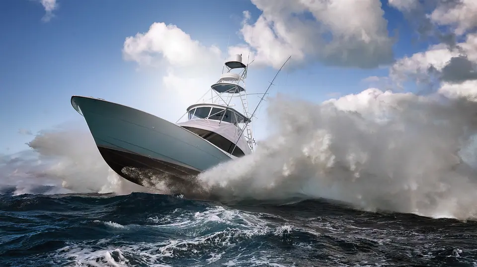 Hatteras GT59 launching off a wave with spray flying
