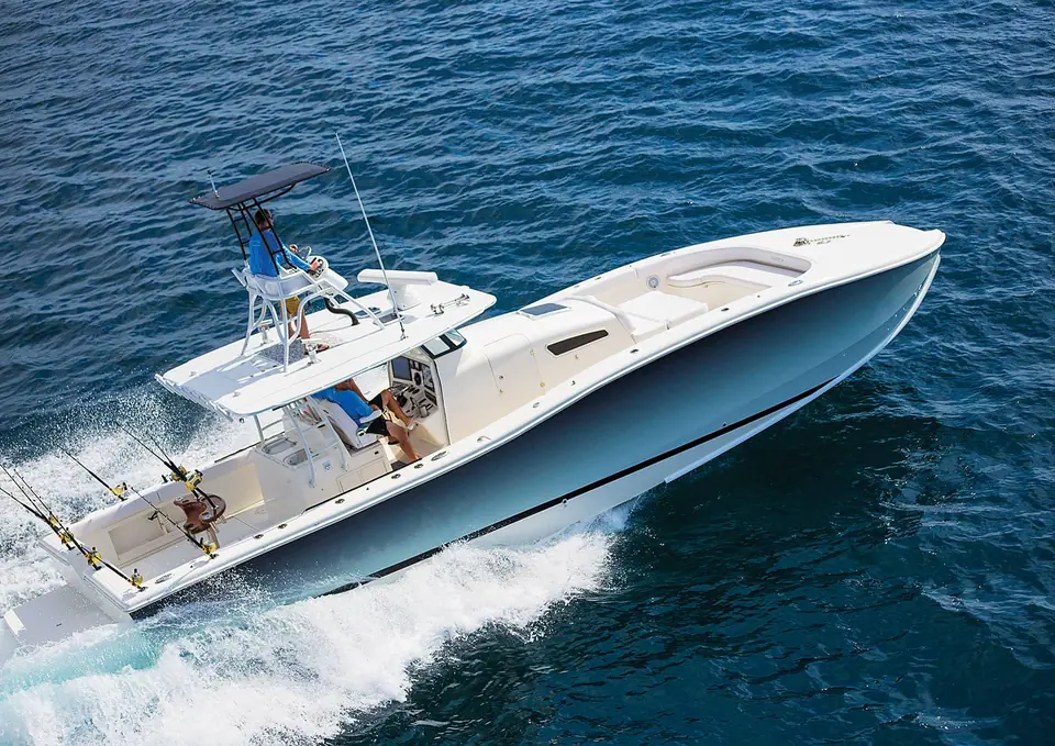 Aerial view of the Insetta 45 center console catamaran running offshore with its T top