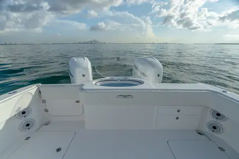 Invincible 33 Catamaran aft cockpit with transom livewell and twin outboards